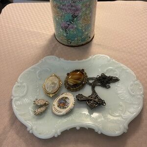Antique Victorian Milk Slag Glass vanity dresser jewelry tray 10” x 7” pale blue